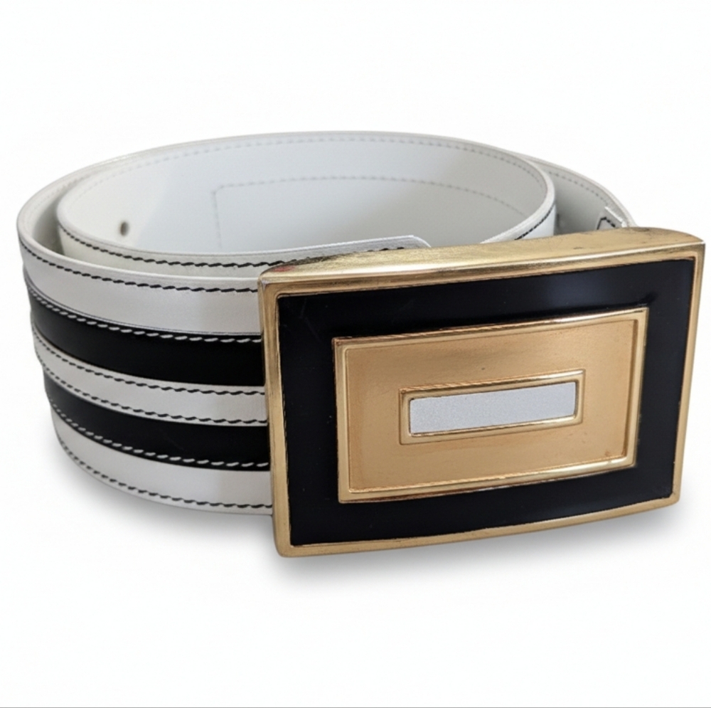 Woman's Escada Belt Black & White Leather With Gold Hardware Size 38 (Euro)